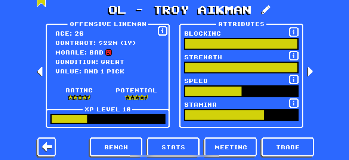 CoachHardin's tweet photo. @retro_bowl @TroyAikman After several seasons of trying to make things work, the Retro Bowl Champions have parted ways with OL Troy Aikman. Special thanks to Troy for his contributions to the team. https://t.co/qZp6uaHzoM