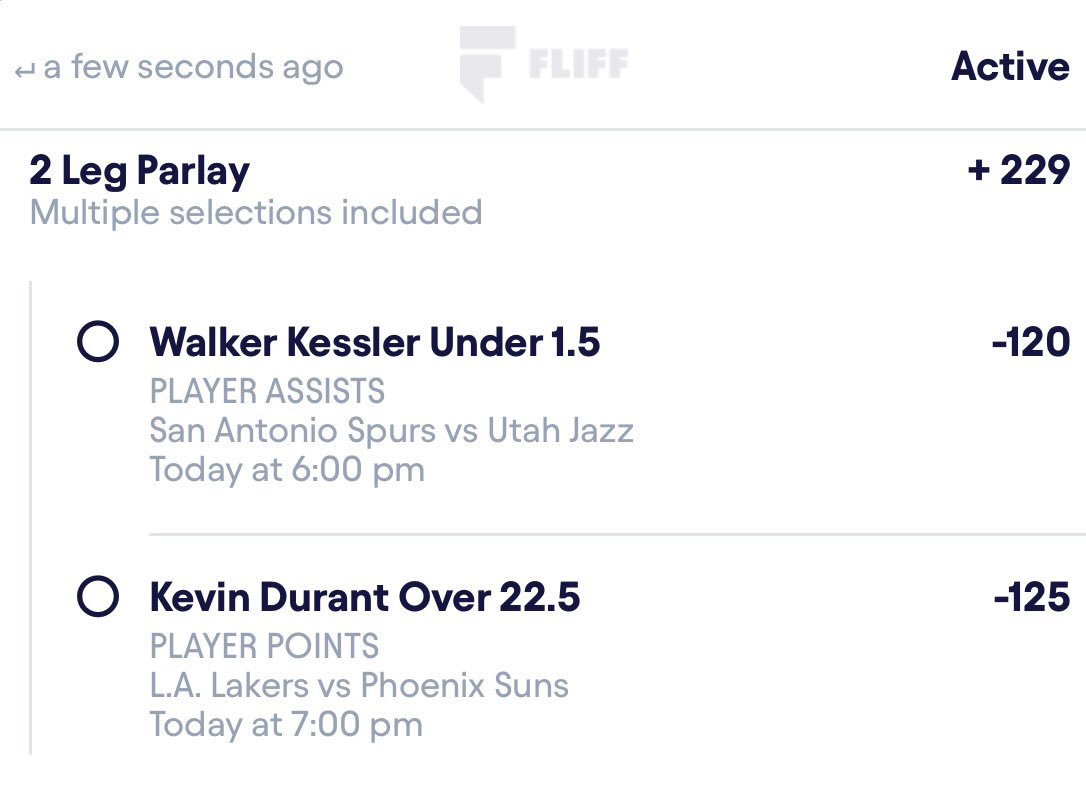 Late night Fliff Slip (+229) 🎯

Kessler Under 1.5A (-120)
Durant Over 22.5P (-125)

❤️ if tailing