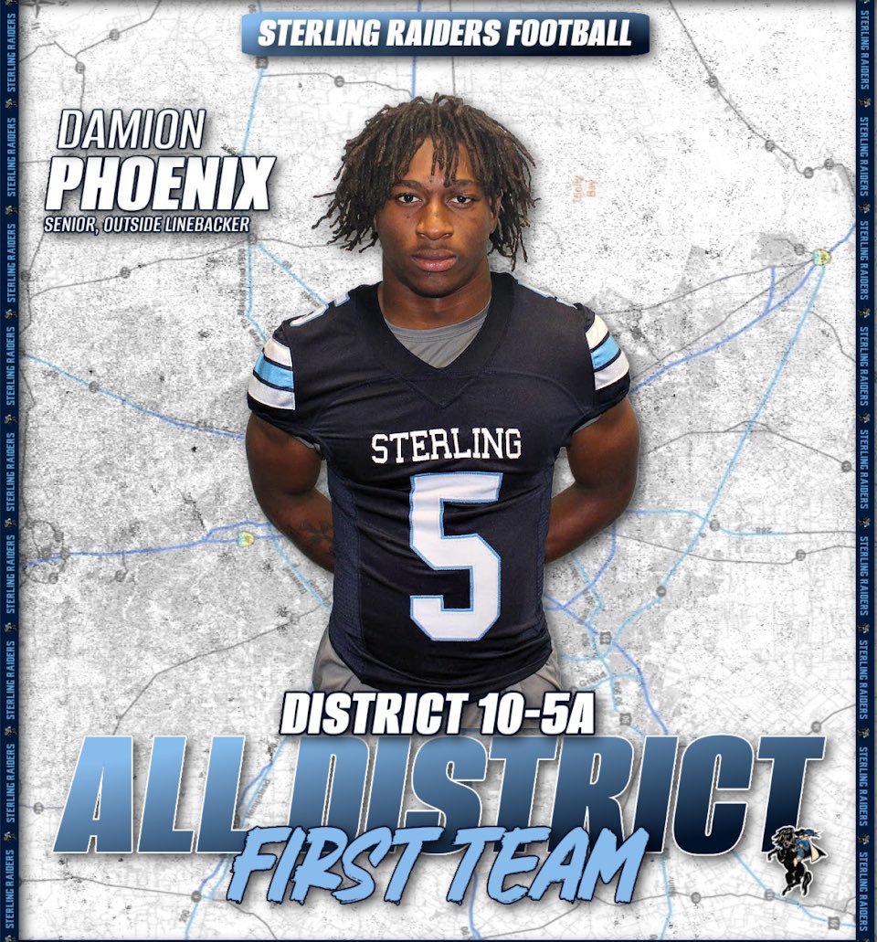 2025 OLB/SS
Damion Phoenix had a great season for the Raiders 💙🩵
77 Tackles
52 Solo
25 Assist 
11 TFL
4 Int Returned for TD
1 Block Field Goal Return for TD
<a href="/joeagleason/">Joe Gleason</a> <a href="/KPRC2RandyMc/">Randy McIlvoy</a> <a href="/ByAdamC/">Adam Coleman</a> <a href="/CoachJessie48/">Coach Jessie</a> <a href="/HouSterlingFB/">Sterling Raiders FB</a> <a href="/HISDAthletics/">Houston ISD Athletics & UIL Academics</a> <a href="/JUCOFFrenzy/">JUCO Football Frenzy</a>