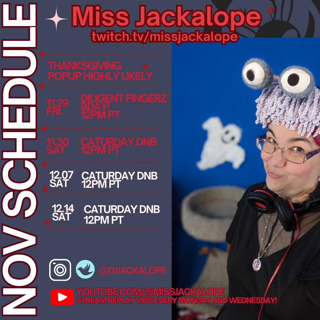 Droppin' in ye olde schedule of Miss Jackalope live sets! twitch.tv/missjackalope  

Weeklies Caturday at 12PM PT + Popups and random stuff!  #defcon #bsides #twitch #dj #cats