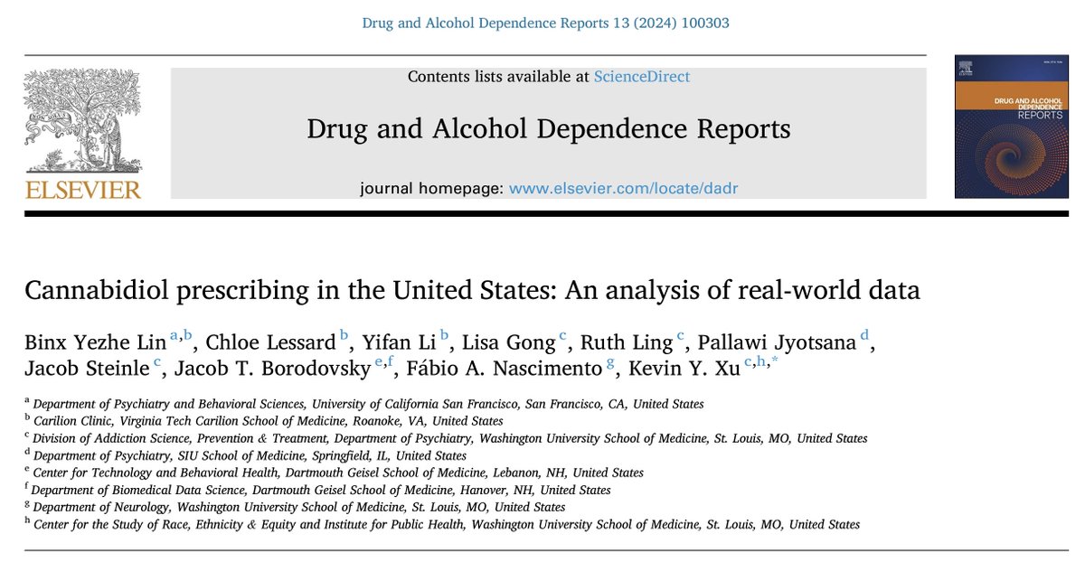 Fábio Nascimento (@fabnascimen) on Twitter photo 40% of patients receiving Epidiolex® did not have FDA-approved diagnostic indications (#LGS, #DravetSyndrome, #TSC) in the medical record. This real-world data analysis👇 examines #CBD prescribing practices in the US. <a href="/KevinYXu/">Kevin Young Xu, MD MPH</a>
sciencedirect.com/science/articl… 40% of patients receiving Epidiolex® did not have FDA-approved diagnostic indications (#LGS, #DravetSyndrome, #TSC) in the medical record. This real-world data analysis👇 examines #CBD prescribing practices in the US. <a href="/KevinYXu/">Kevin Young Xu, MD MPH</a>
sciencedirect.com/science/articl…