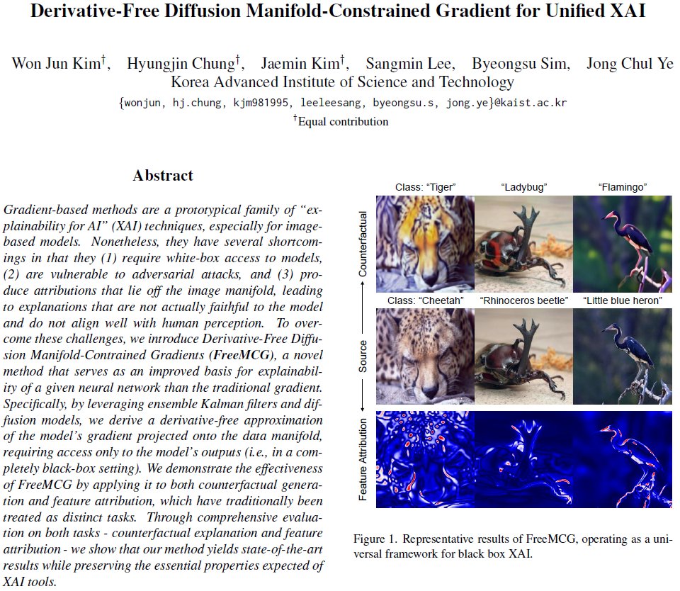 🚨 Introducing FreeMCG🆓

1️⃣ Unified🤝 XAI for feature attribution (FA) &amp; counterfactuals (CF)
2️⃣ On-manifold🍩 changes that swiftly avoid adversarial attacks, using diffusion models
3️⃣ All this, derivative-free🤯 i.e. black-box classifier is all you need

A 🧵