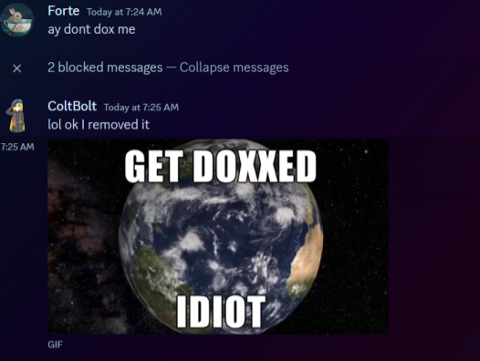 warrior_actual's tweet photo. GOOD EVENING @MakoFukasameTV 
It has been brought to my attention that a member of your community has doxxed a dear friend of mine. While I understand its not your fault, I formally call for the permanent ban of coltbolt. He's adult and it was malicious, here's proof. https://t.co/BGzrAkz8xG