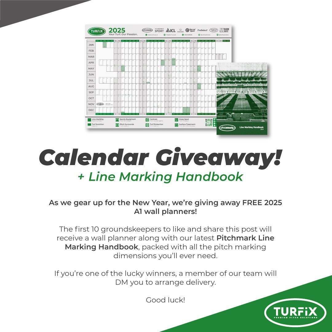 TurfixSolutions's tweet photo. 2025 WALL PLANNER GIVEAWAY 🗓️

The New Year isn’t far away, and we’re pleased to be giving away the following:

📅 A free 2025 A1 Wall Planner
📖 The latest @PitchmarkLtd Line Marking Handbook

The first 🔟 people to like and share this post will receive a DM to arrange delivery. https://t.co/heAE7Un4hj