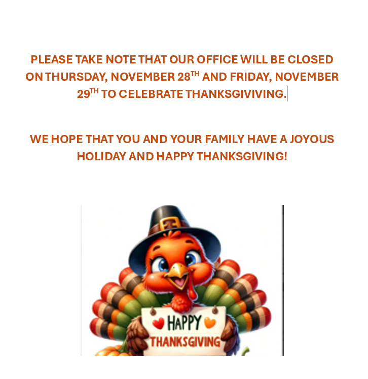 Myagentknows's tweet photo. HAPPY THANKSGIVING TO ALL!  PLEASE TAKE NOTE THAT OUR OFFICE WILL BE CLOSED ON THURSDAY, NOVEMBER 28TH AND FRIDAY, NOVEMBER 29TH TO CELEBRATE THANKSGIVING.

WISHING YOU AND YOURS A JOYOUS HOLIDAY! https://t.co/sSKIrVae0P