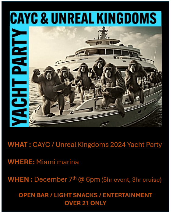 🚨 ART BASEL YACHT PARTY! 🚨

Cyber Ape Yacht Club Members are FREE 
If you would like to Attend the Guest list you can get Registered with $PAMP 2m will get you onboard the biggest Party in Miami for Art Basel! 

dashboard.unrealkingdoms.com/dashboard/yach…

CAYC Members must also sign in and