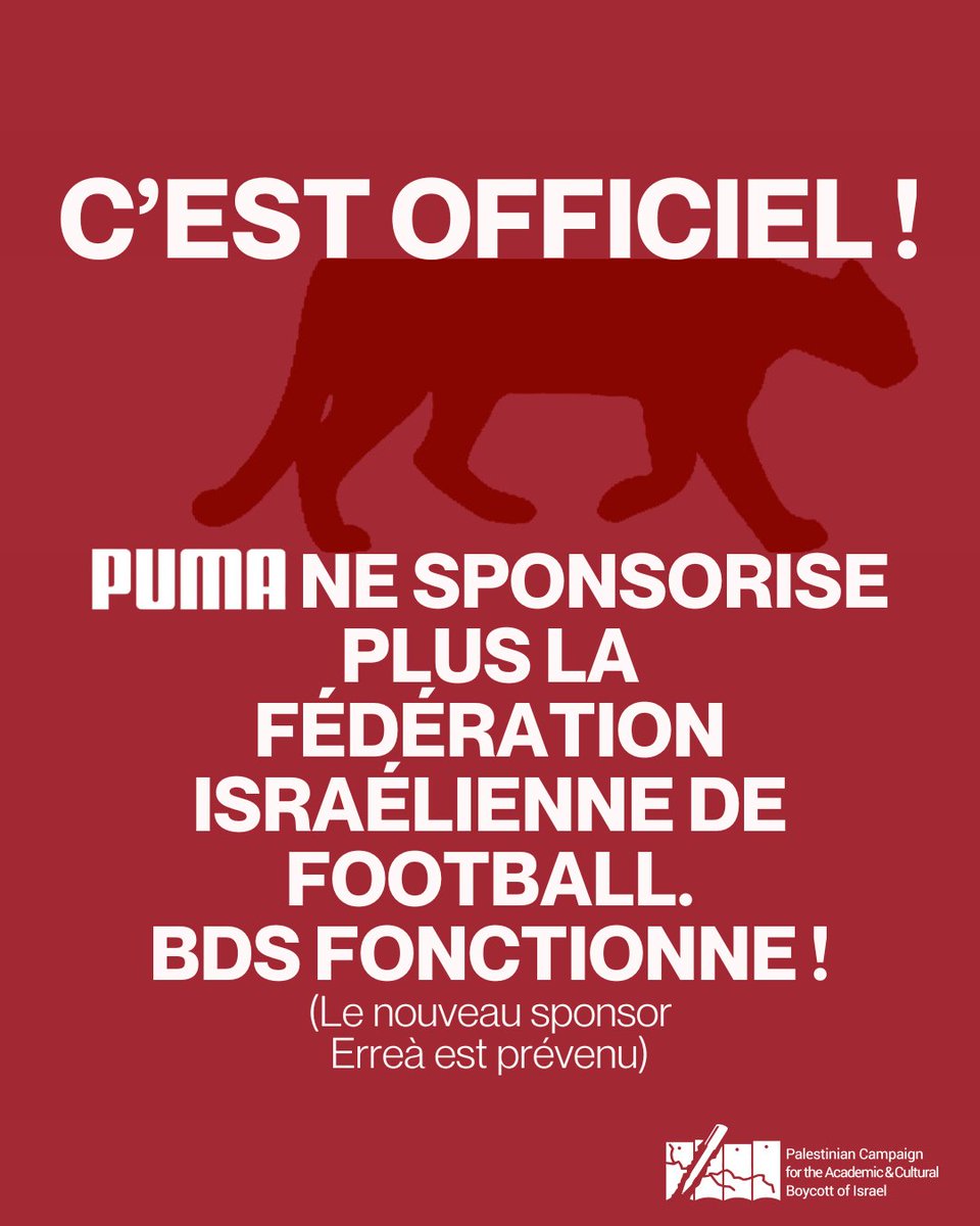 Campagnebds's tweet photo. C'est officiel !

Après 5 ans de campagne #BoycottPuma, nous confirmons que PUMA n'est plus le sponsor de l'IFA, qui inclut des équipes situées dans des colonies israéliennes illégales sur des terres palestiniennes et plaide pour leur maintien.

➡️https://t.co/BsywyVU84X https://t.co/529ASG2eNj