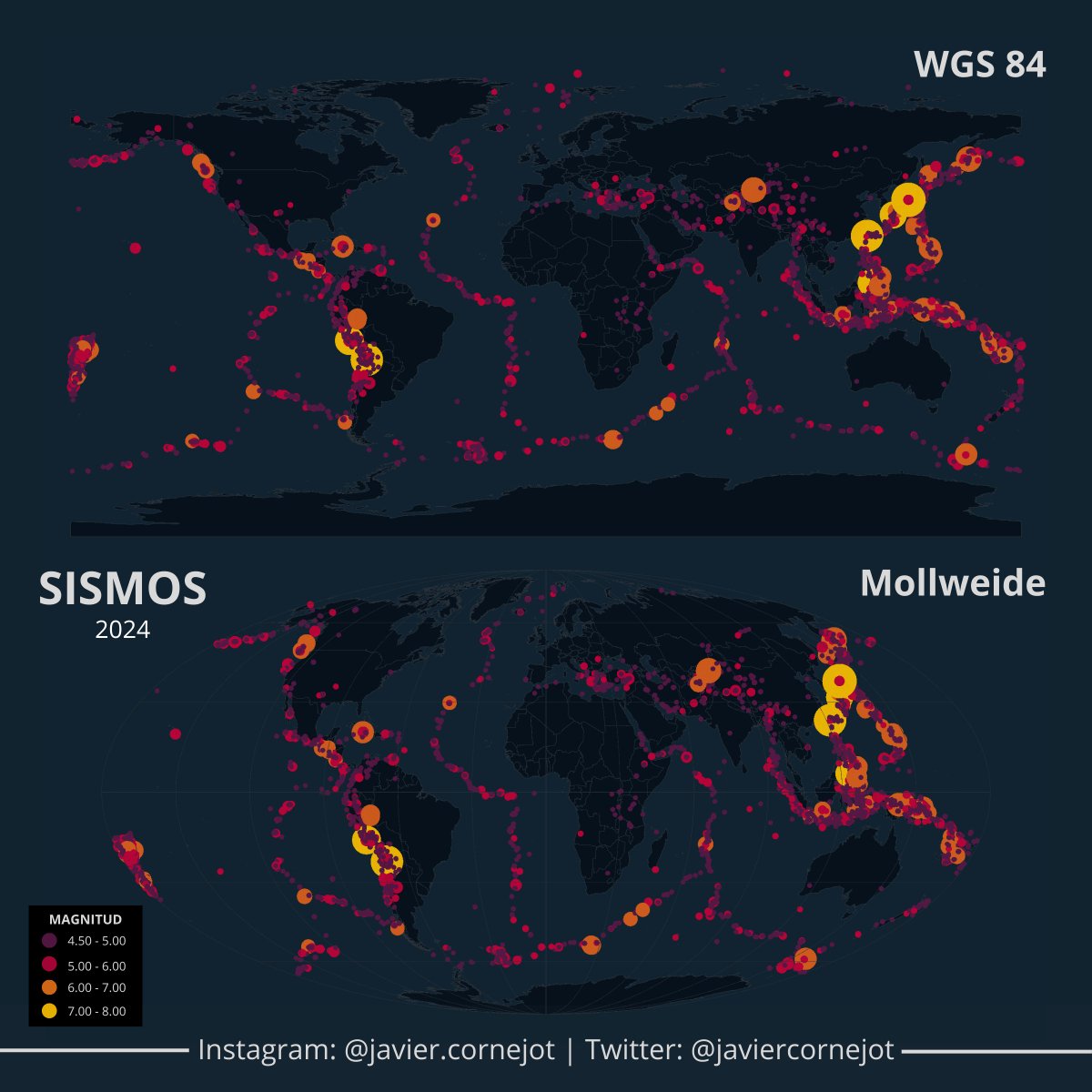 #30DayMapChallenge | Día 26 | Proyecciones Cartográficas.
Sismos del 2024 en dos referencias espaciales diferentes.