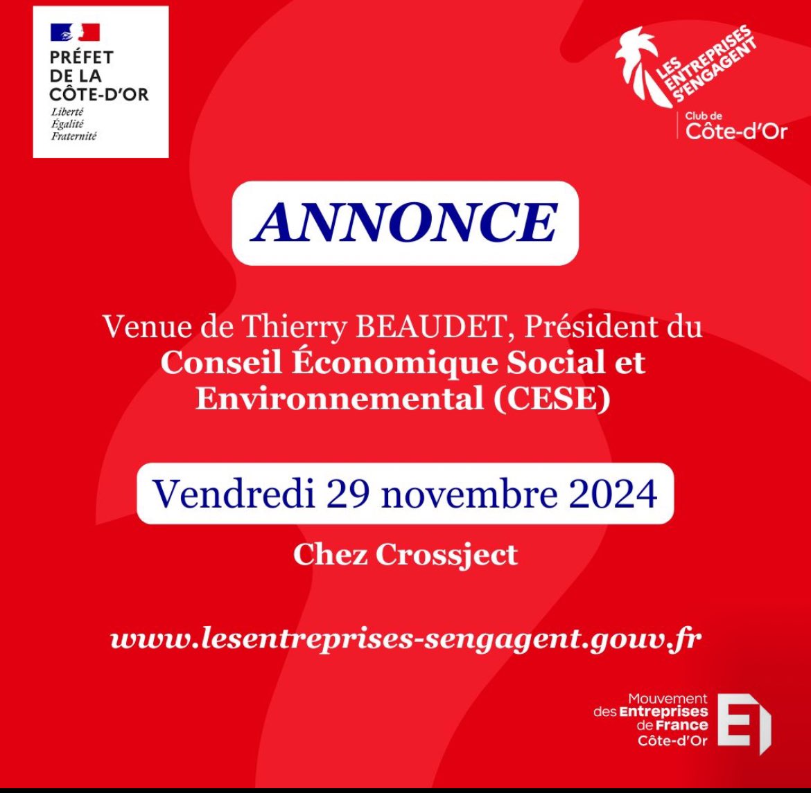 👂Nos entreprises font face à des enjeux économiques, sociaux et environnementaux colossaux. Pourtant, l’#Entreprise reste un lieu d’engagement au service de la société.

Je serai ce vendredi à <a href="/dijon/">Ville de Dijon</a> à l’invitation de <a href="/communauteLESE/">Les entreprises s’engagent</a> et <a href="/medef21/">MEDEF Côte-d'Or</a>.