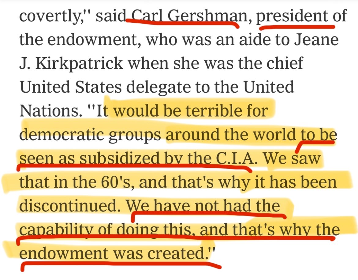 MikeBenzCyber's tweet image. “It would be terrible for democratic groups around the world to be seen as subsidized by the CIA. We saw that in the 1960s… it has been discontinued. We have not had the capability of doing this, and that’s why NED was created.” - National Endowment for Democracy founder &amp;amp; prez