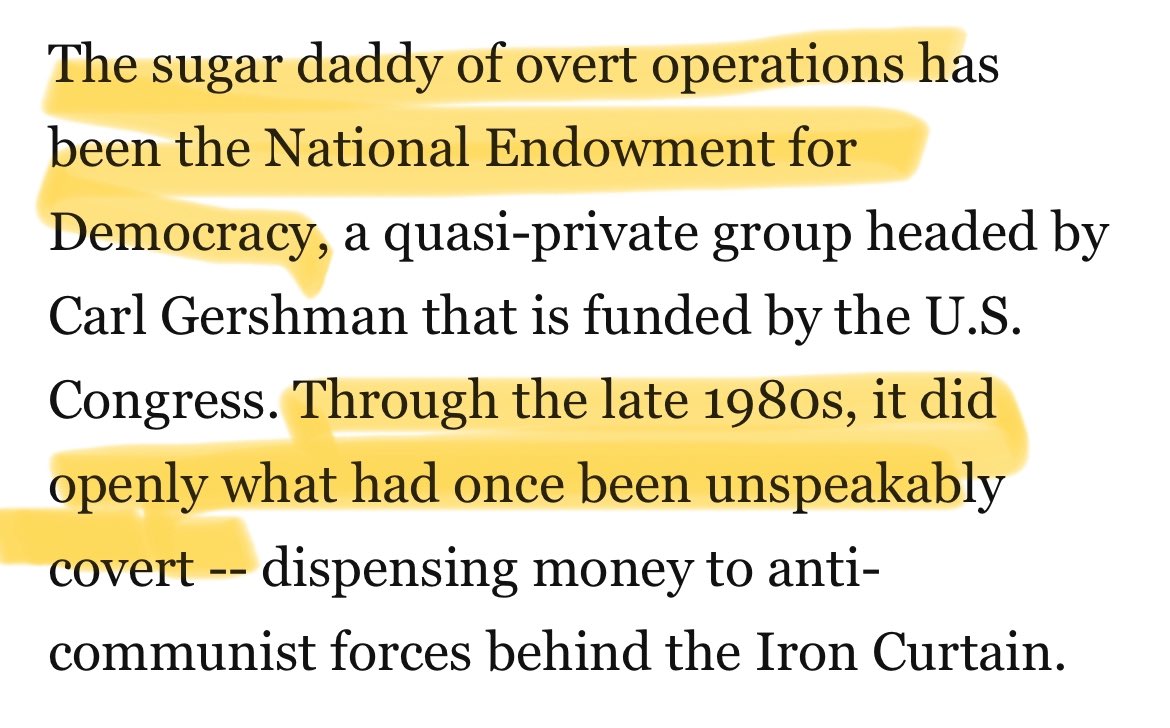 MikeBenzCyber's tweet image. “It would be terrible for democratic groups around the world to be seen as subsidized by the CIA. We saw that in the 1960s… it has been discontinued. We have not had the capability of doing this, and that’s why NED was created.” - National Endowment for Democracy founder &amp;amp; prez