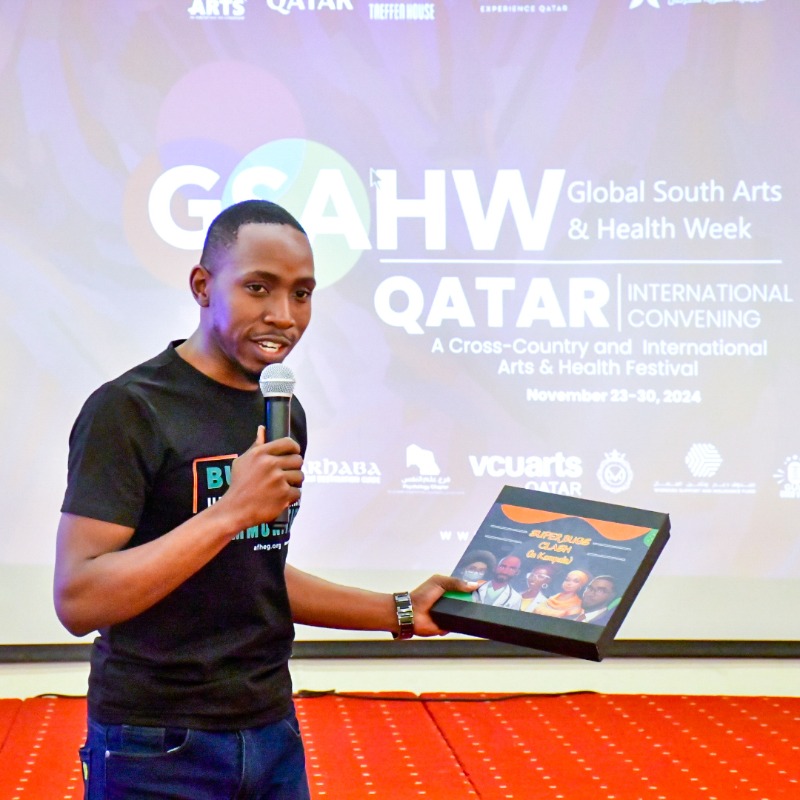 AFHEGFoundation's tweet photo. #AFHEG’s CEO, @Phillipmwebaza, led an engaging session on leveraging games like #SuperbugsClash for health awareness at the Global South Arts and Health Week, Qatar International Convening. He highlighted how games foster learning and inspire action against health challenges.