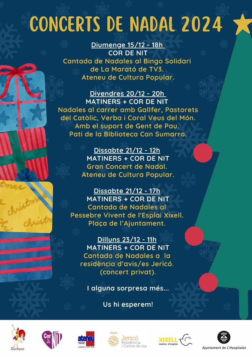 Arriben els esperats concerts de Nadal de la <a href="/CoralMatiners/">Coral Els Matiners</a> i <a href="/CordeNit/">Cor de Nit L'H</a>! Ens fa molta il·lusió poder compartir de nou amb vosaltres totes aquestes estones musicals. 

Us hi esperem! 😀🐔🌙🎵

#coralinfantil #corjove #concerts #nadal #culturalh #lamarató #pessebrevivent #nadales