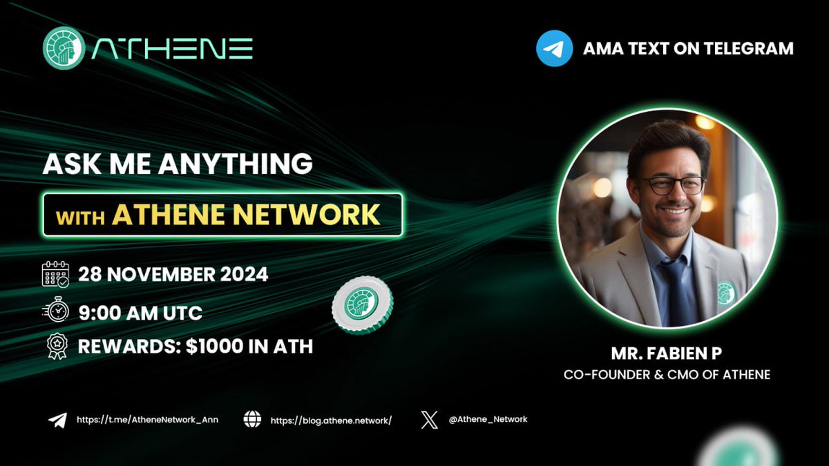 ❓ Athene AMA On Telegram! 

Hey Athene fam! We’ve got something fantastic lined up - an AMA (Ask Me Anything) on 📱❕

⏰ When: November 28, 9:00 UTC

🎙 Who’s joining: Mr. Fabien P, Co-founder &amp; CMO of Athene

🏙 Venue: t.me/AtheneNetwork_…

🎁 Rewards: $1000 ATH for the 10