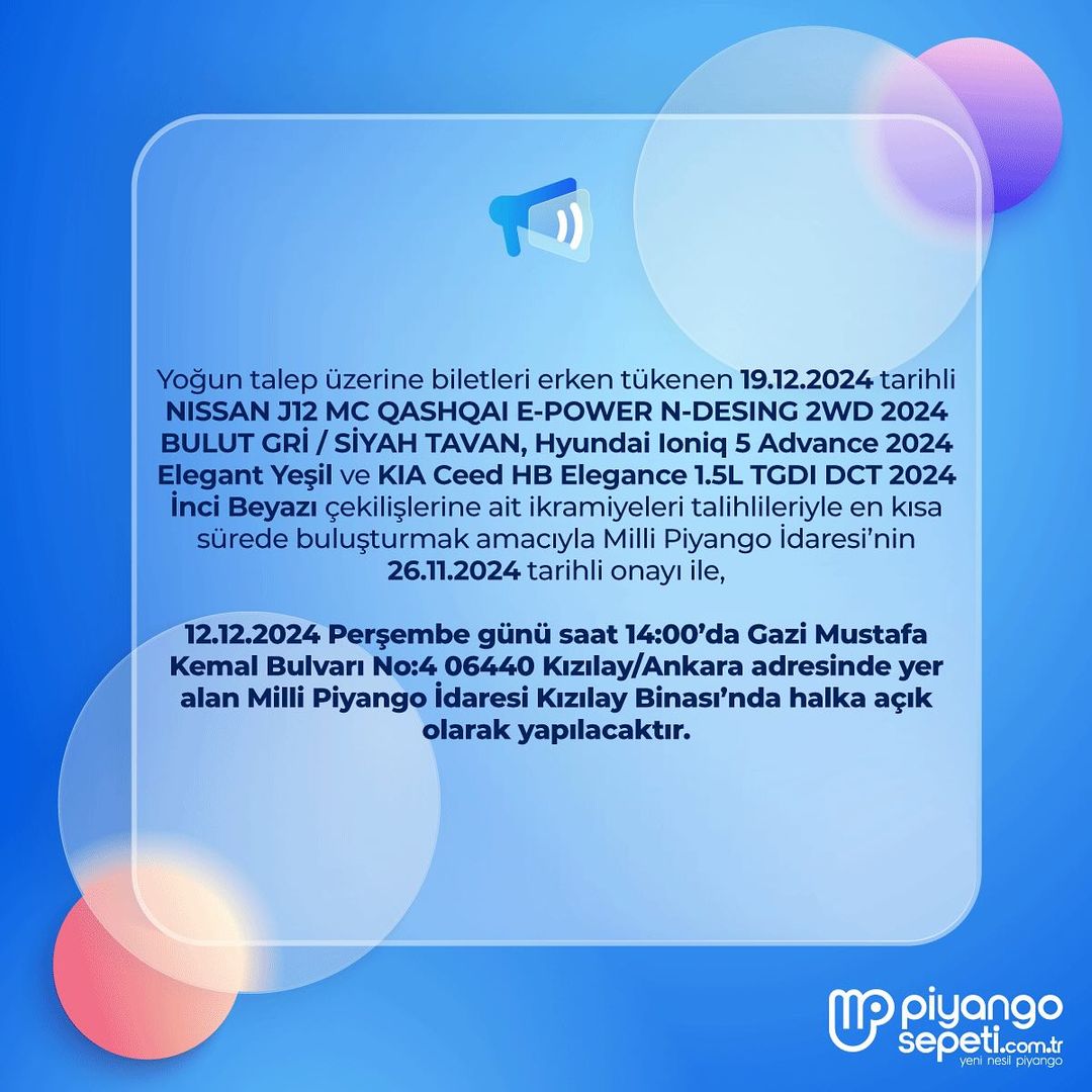 Hediyelerinize daha erken kavuşmanız için, bileti biten çekilişleri öne aldık.

#millipiyango #çekiliş #gramaltın #borsa
