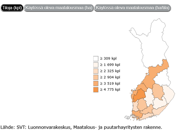 Maatilojen lukumäärä vähenee Suomessa yhä. Nyt maatiloja ja puutarhayrityksiä on 40 871 kpl.

Eniten maatiloja on Pohjanmaalla, Varsinais-Suomessa, Hämeessä ja Pirkanmaalla.

Maatiloilla on noin 56 ha peltoa viljelyssä.

#tilasto #maatalous

Lue lisää: luke.fi/fi/tilastot/ma…