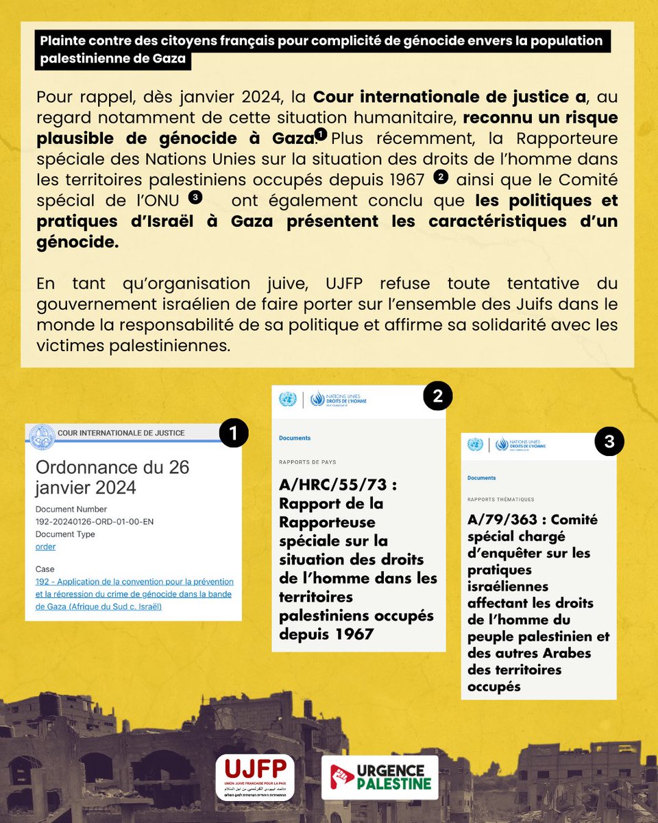 urgence_pal's tweet photo. ⚖️⚠️ L’UJFP et une victime 🇫🇷🇵🇸 accompagnée par Urgence Palestine déposent plainte contre des citoyens 🇫🇷, pour des faits susceptibles de caractériser les crimes de complicité de génocide et d’incitation à la commission d’un génocide à l’encontre de la population 🇵🇸 de Gaza. https://t.co/92QwjPSWMh