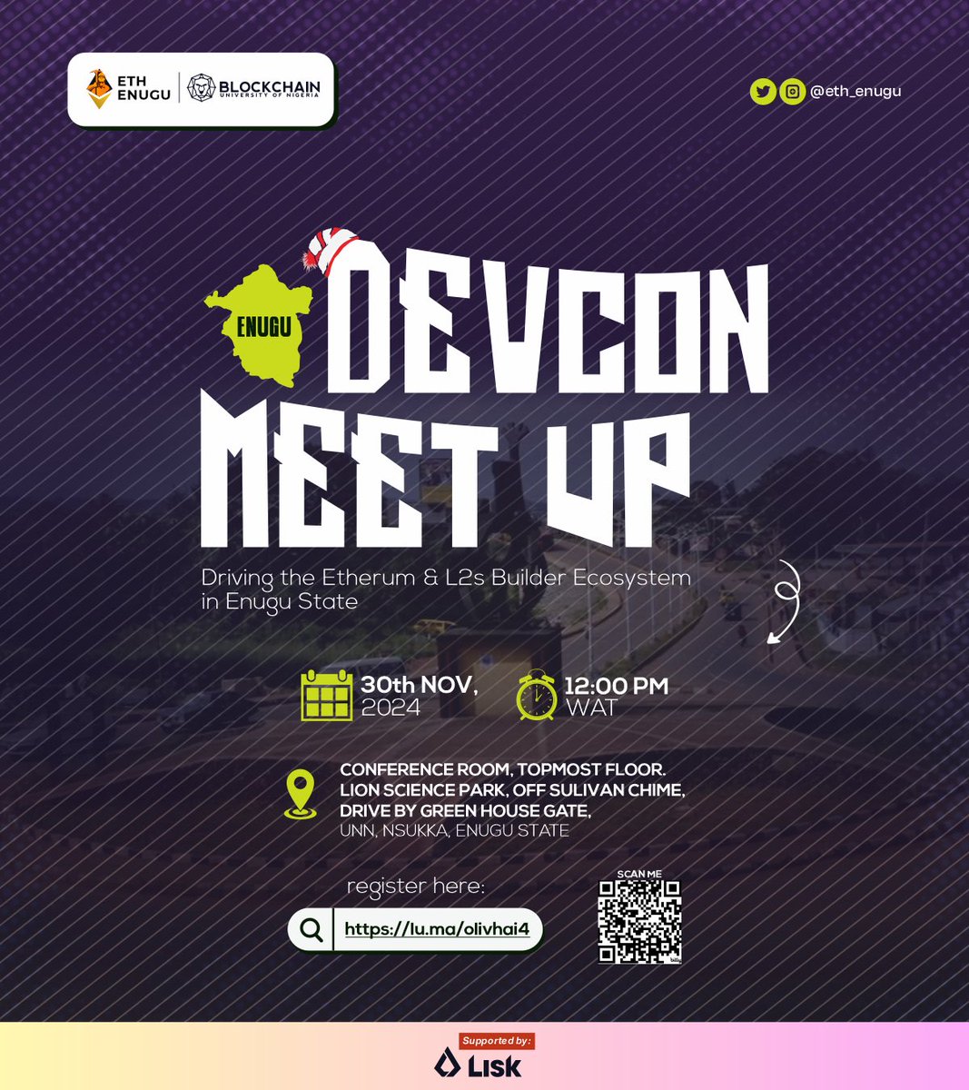 Eth_Enugu's tweet image. Unveiling - #EnuguDevconMeetup!!🥁

An epic gathering to foster a stronger Ethereum community with experiences from Enugu attendees of @EFDevcon spotlighted.

Join us this Sat, 30th Nov to exp #Devcon2024

🔗 lu.ma/olivhai4

Powered by @Eth_Enugu @BlockchainUNN &amp;amp; @LiskHQ