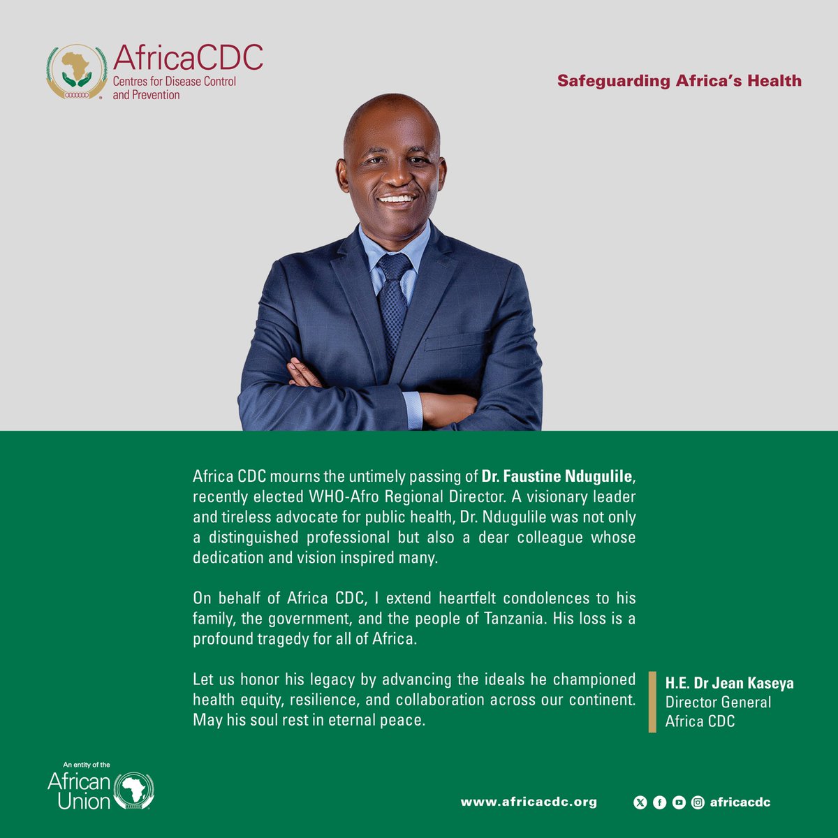 Dr Jean Kaseya (@dr_jeankaseya) on Twitter photo <a href="/AfricaCDC/">Africa CDC</a> stands with Tanzania and the entire African continent in grieving the untimely loss of Dr. Faustine Ndugulile, the newly elected <a href="/WHOAFRO/">WHO African Region</a>, Regional Director and a trailblazer in #PublicHealth. May his legacy inspire us to continue striving for a healthier future. <a href="/AfricaCDC/">Africa CDC</a> stands with Tanzania and the entire African continent in grieving the untimely loss of Dr. Faustine Ndugulile, the newly elected <a href="/WHOAFRO/">WHO African Region</a>, Regional Director and a trailblazer in #PublicHealth. May his legacy inspire us to continue striving for a healthier future.