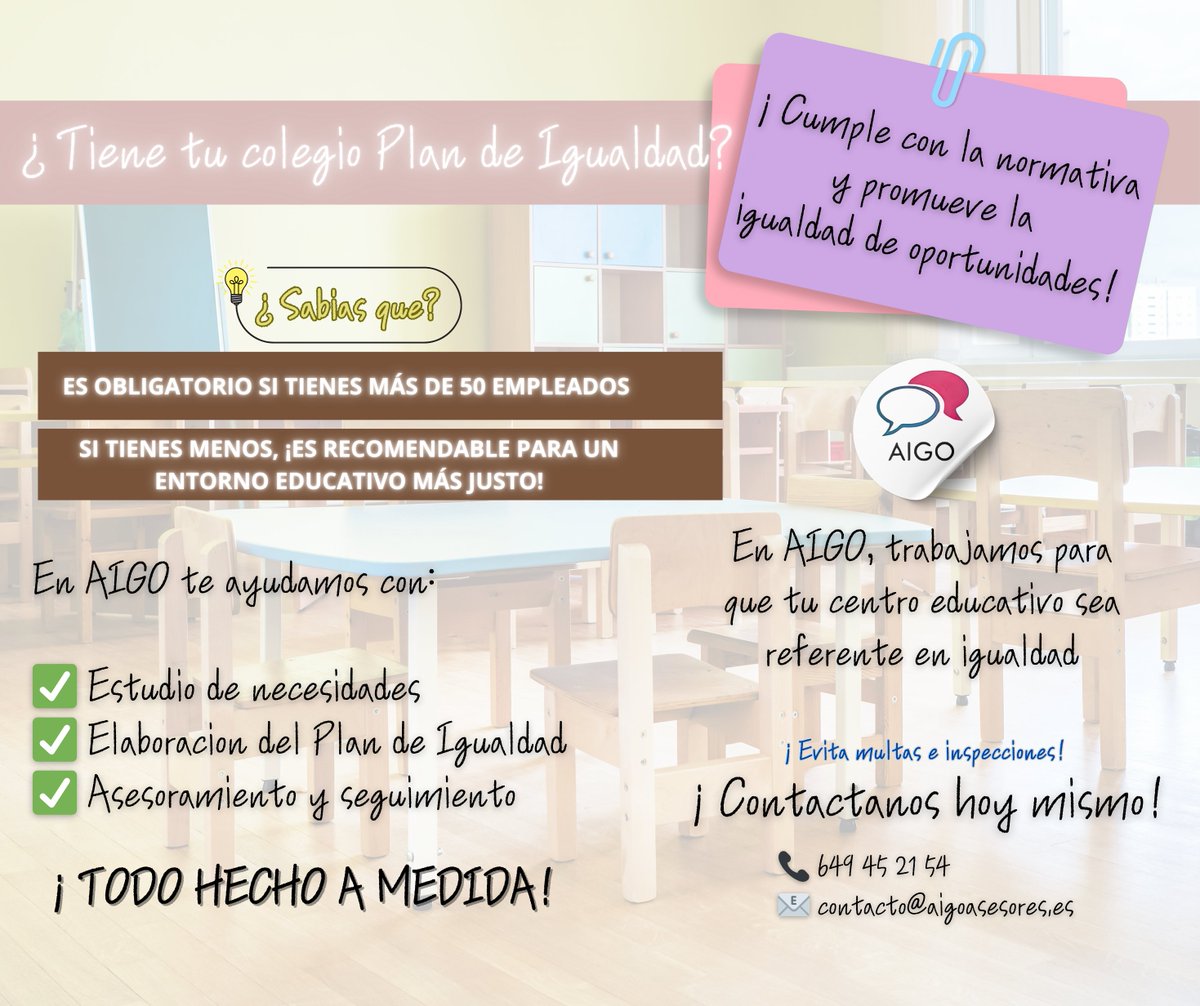 Aigo2019's tweet photo. 📚¿Tu colegio tiene Plan de Igualdad? 
En AIGO te ayudamos a cumplir la normativa y fomentar igualdad de oportunidades.
🎯Te ofrecemos un análisis, elaboración del plan y asesoramiento continuo.

 📞649 45 21 54 | 📧 contacto@aigoasesores.es

#PlanDeIgualdad #EducaciónIgualitaria https://t.co/JcPoUzkMZu