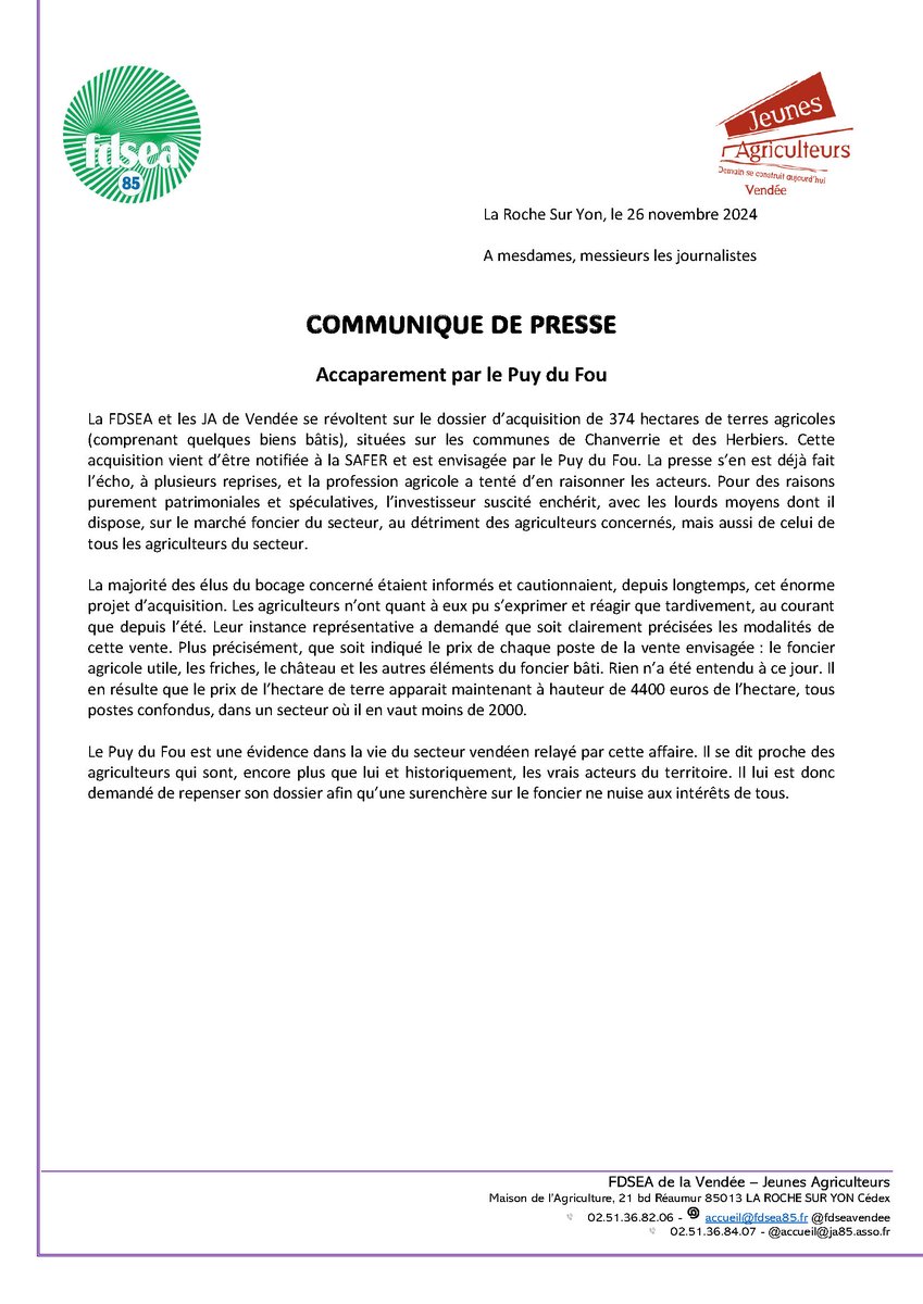 🔴 𝐂𝐎𝐌𝐌𝐔𝐍𝐈𝐐𝐔𝐄 𝐃𝐄 𝐏𝐑𝐄𝐒𝐒𝐄 : 𝐀𝐜𝐜𝐚𝐩𝐚𝐫𝐞𝐦𝐞𝐧𝐭 𝐩𝐚𝐫 𝐥𝐞 𝐏𝐮𝐲 𝐝𝐮 𝐅𝐨𝐮
Avec <a href="/JAVendee/">JA de Vendée</a> nous nous révoltons sur le dossier d’acquisition de 374 ha de terres agricoles situées sur les communes de Chanverrie et des Herbiers ⤵️