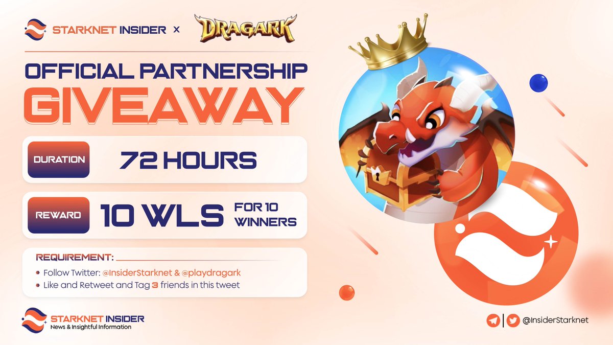 🎉 We're thrilled to host a giveaway event with <a href="/playDRAGARK/">DRAGARK on Mainnet 🐉</a>,  a fully on-chain game on <a href="/Starknet/">Starknet (BTCFi arc) 🥷</a> for Dragarks' power, powered by <a href="/Ventory_gg/">Ventory 🦠</a>, with on-going Open Beta test at dragark.net/play 🎉

🎁 10 WLs for 10 winners

Rules:
- Follow <a href="/InsiderStarknet/">Brother Starknet Insider</a> and <a href="/playDRAGARK/">DRAGARK on Mainnet 🐉</a>
-