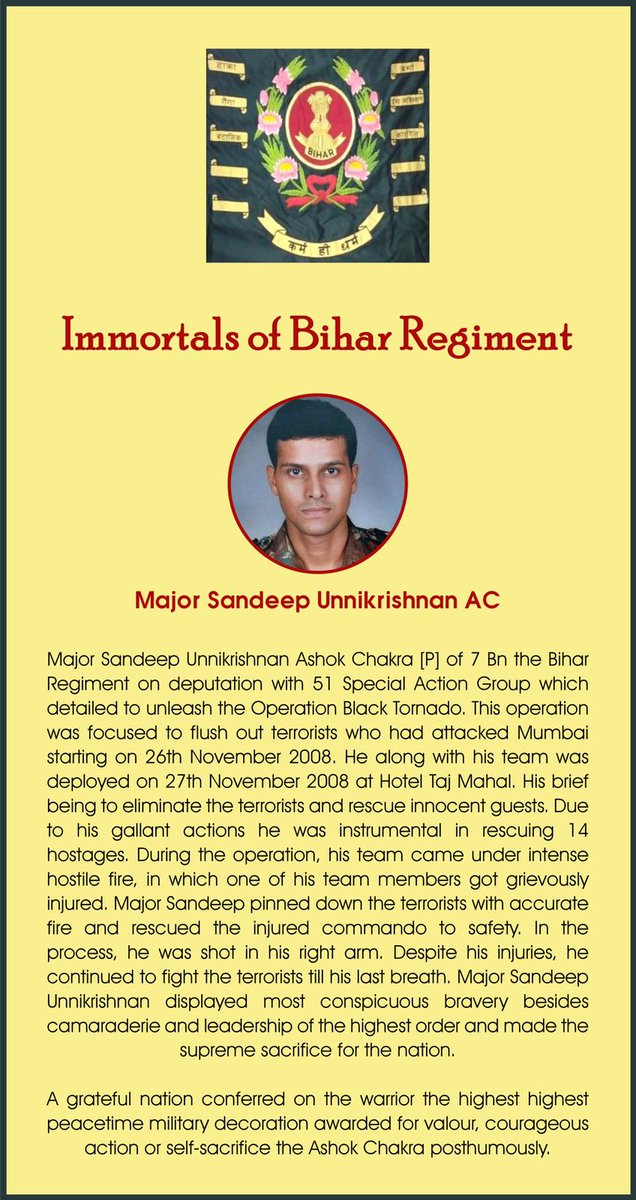 BravesBiharRegt's tweet photo. #ImmortalsOfIndianArmy #VeerBihari

Remembering the gallant Major Sandeep Unnikrishnan #AshokChakra (P) for immortalising himself.

The nation salutes your bravery.
#JaiHind https://t.co/Xsv80dJXIS