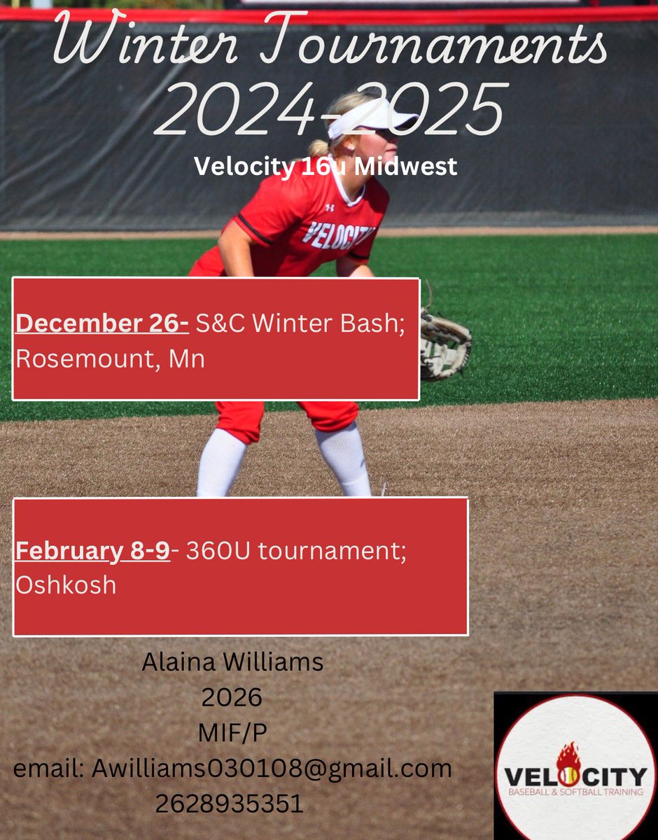 Alaina Williams (@alaina_will26) on Twitter photo Here’s my teams winter schedule! Cant wait to get some games in this winter!! 
<a href="/Velo_Softball/">Velocity Softball</a> Here’s my teams winter schedule! Cant wait to get some games in this winter!! 
<a href="/Velo_Softball/">Velocity Softball</a>