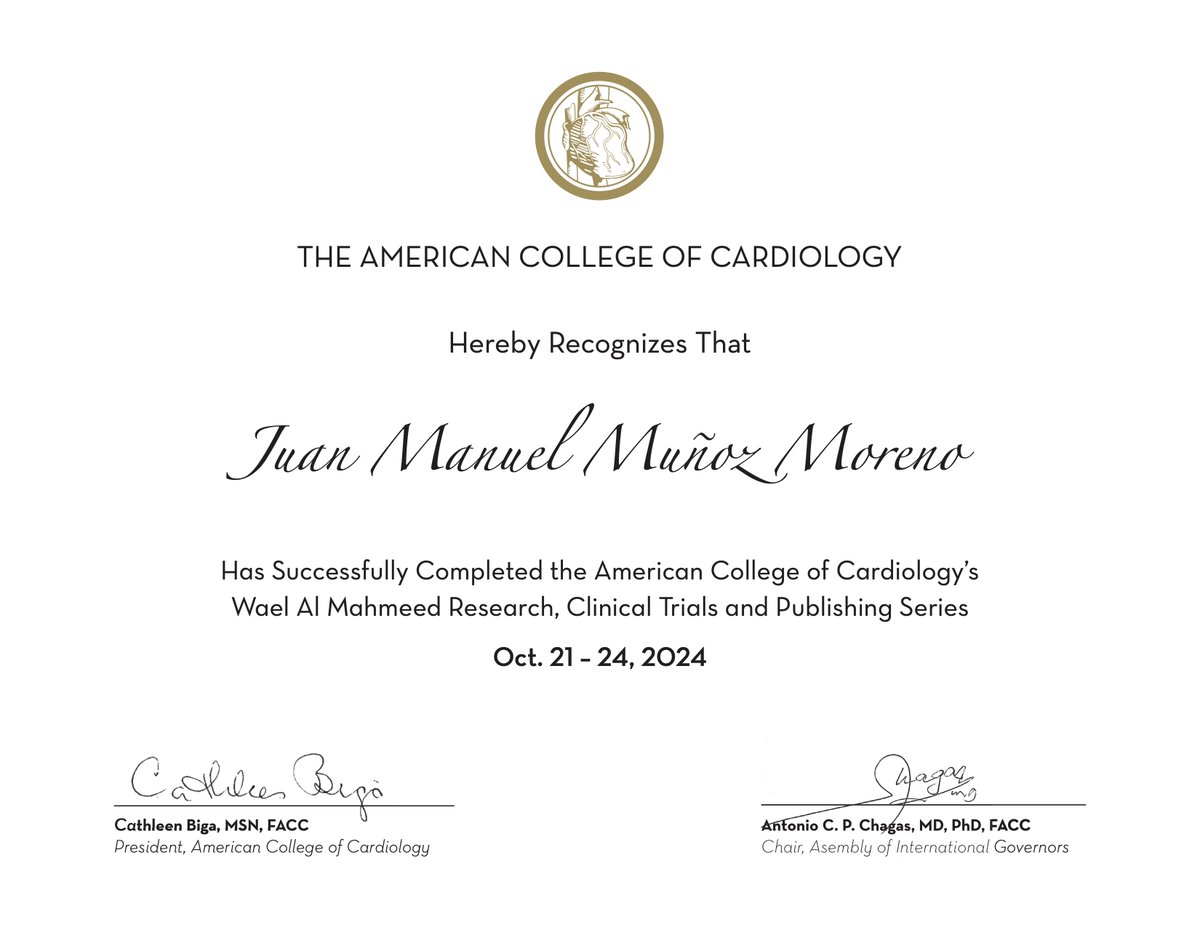 Juan Manuel Muñoz-Moreno, MD, FACC (@juanma_munoz29) on Twitter photo I am honored to have completed the ACC's Research, Clinical Trials, and Publication Training. This opportunity as a FACC🇵🇪 motivates me to continue expanding my knowledge and skills in cardiovascular #research. Thank you, <a href="/ACCinTouch/">American College of Cardiology</a>! #Match2025 #InternalMedicine @AAPP I am honored to have completed the ACC's Research, Clinical Trials, and Publication Training. This opportunity as a FACC🇵🇪 motivates me to continue expanding my knowledge and skills in cardiovascular #research. Thank you, <a href="/ACCinTouch/">American College of Cardiology</a>! #Match2025 #InternalMedicine @AAPP
