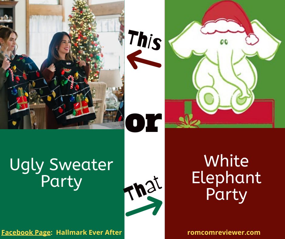 RomComReview1's tweet image. Our Hallmark-inspired #ThisOrThatGame continues....

Ugly sweater parties and white elephant parties have been included in several #HallmarkMovies.  If you had to pick one party or the other to attend, which would you choose?

#HallmarkGame #Hallmarkies #CountdownToChristmas