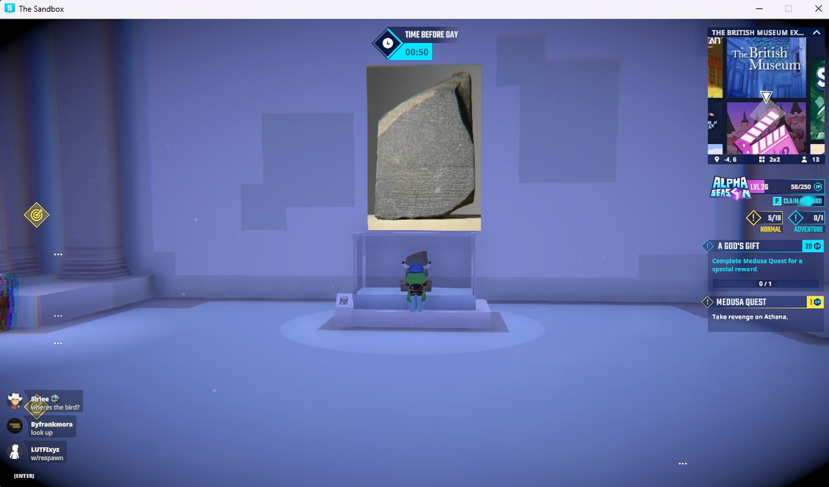 ZicmAXX's tweet photo. Just decoded the Rosetta Stone - no big deal! 📜🔍 History comes alive at The @britishmuseum in @TheSandboxGame. https://t.co/a7VuufSnXl #TheSandbox #AlphaSeason4 #AS4SocialChallenge https://t.co/IN07OdtEk0