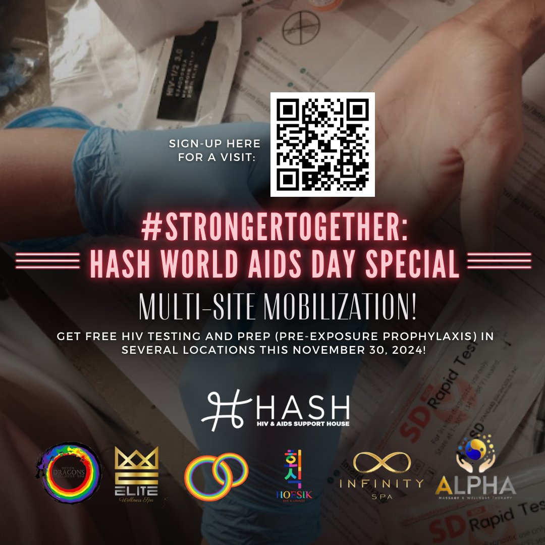 HASH_Support's tweet photo. #StrongerTogether

HASH World AIDS Day Special!

Get FREE HIV testing and PrEP (Pre-Exposure Prophylaxis) in several locations this November 30, 2024

Register here: https://t.co/tYI6Z8t5p8 https://t.co/4vAljcntpu