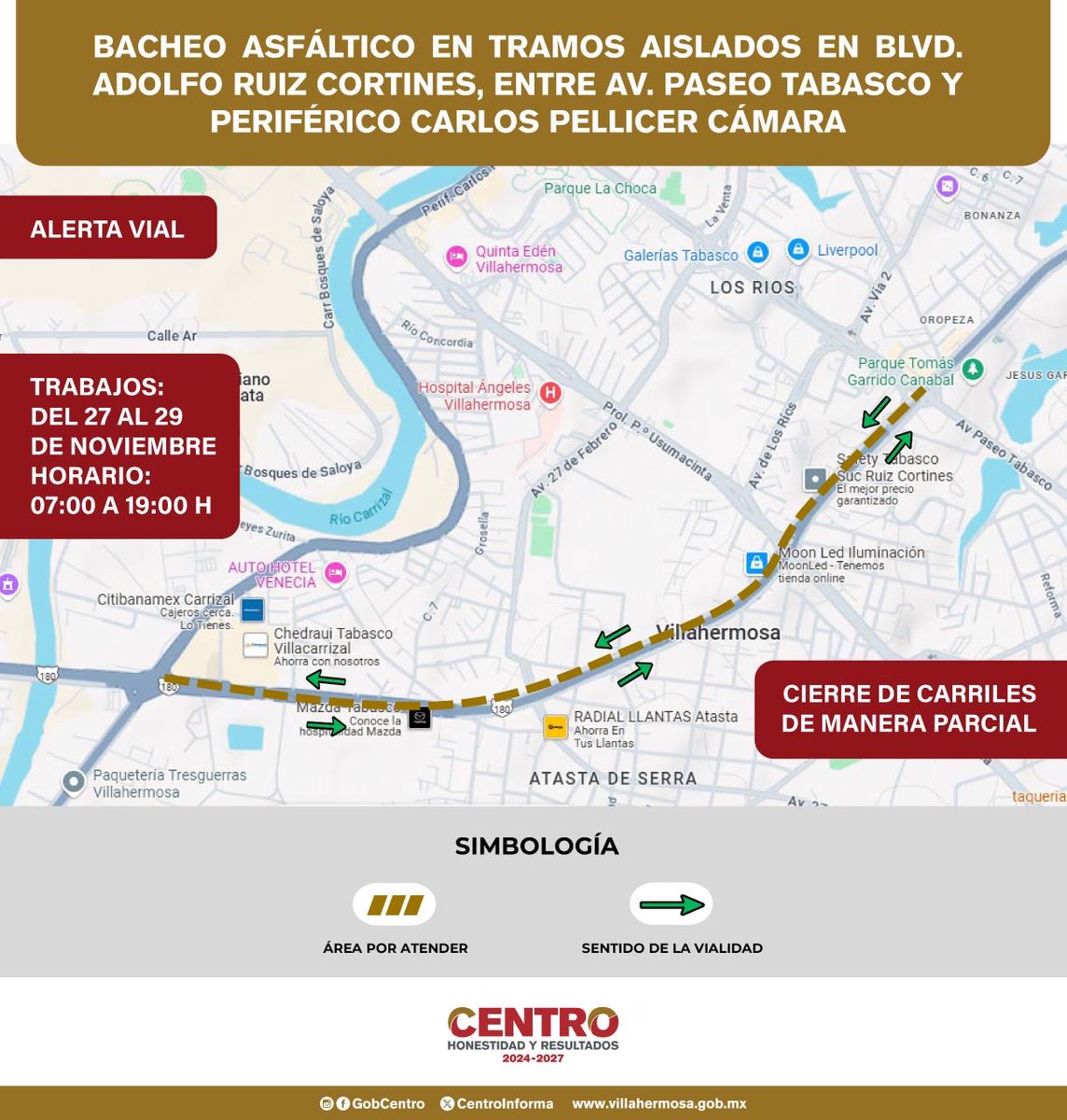 xevtfm's tweet photo. #AlertaVial �� El Ayuntamiento de Centro informa que a partir del miércoles 27 y hasta el 29 de noviembre, en horario de 7 de la mañana a 7 de la noche, se realizarán labores de bacheo asfáltico en tramos aislados de los 4 carriles sobre el Boulevard Adolfo Ruiz Cortines, entre la avenida Paseo Tabasco y periférico Carlos Pellicer Cámara

Exhortan a automovilistas a tomar precaución ⚠️