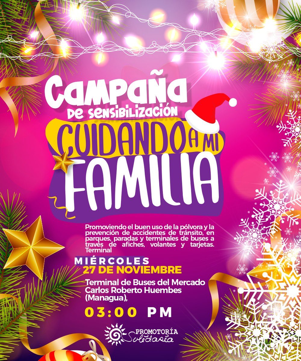 #PromotoriaSolidaria 🙌🏽✨ Campaña de Sensibilización Cuidando a  Mi Familia 🧑‍🧑‍🧒‍🧒🏠

📆27 de Noviembre 2024
⏰3:00 P.M 
📍Terminal de Buses del Mercado Huembes 

#DiciembreSeguro #NavidadConPromotoria #diciembreseguroenunidadyarmoníafamiliar #Nicaragua