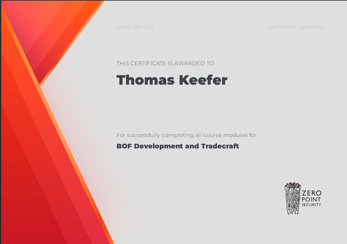 TKYNSEC's tweet image. I finished the BOF Development and Tradecraft course from @Octoberfest73. The concepts were exceptionally well explained, with immediately applicable examples. The recent BOF Patcher addition was used to crudely imitate SharpCloud. Way more coming in the future. Would recommend!