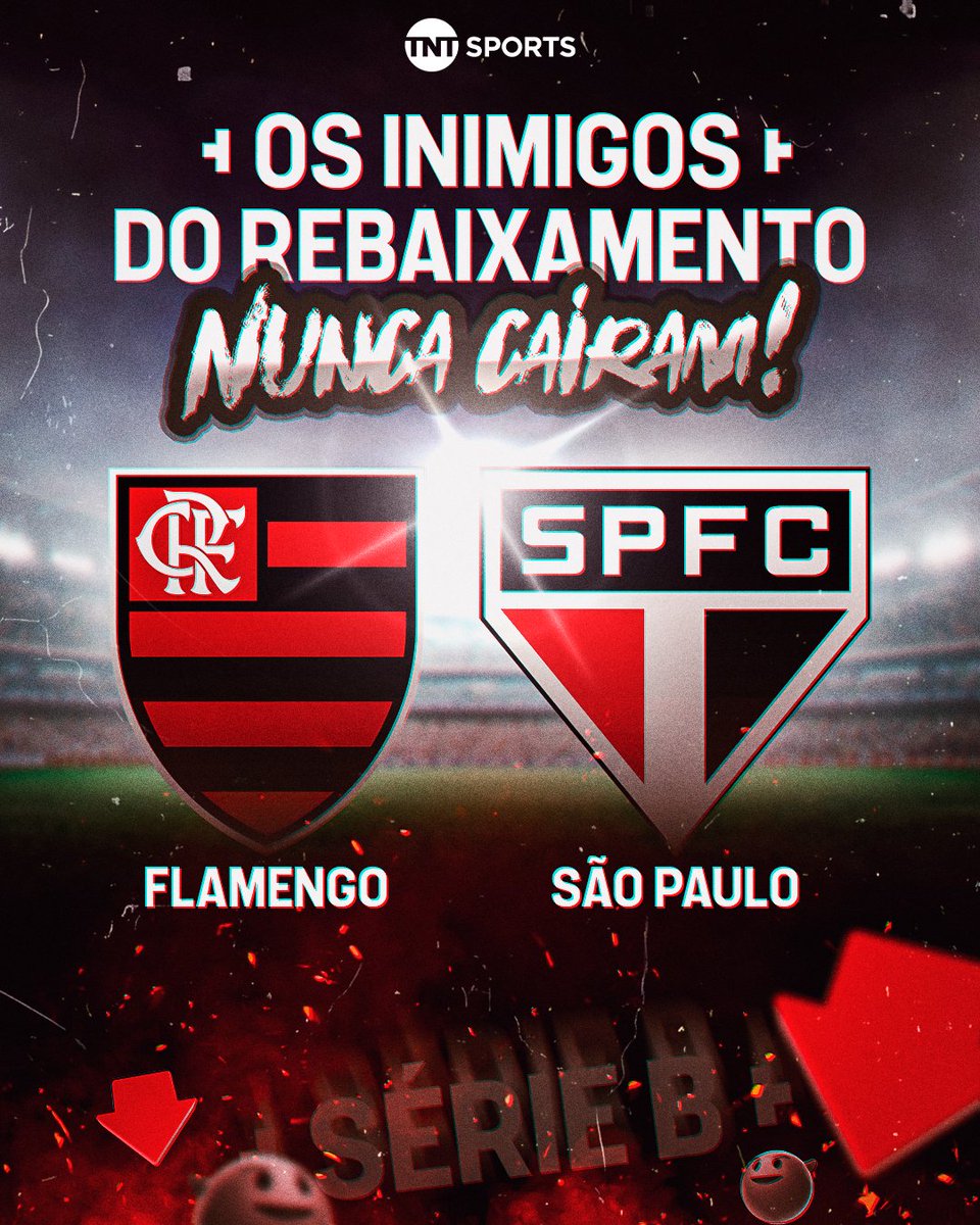 TNTSportsBR's tweet photo. ALERTA DE INIMIGOS DO REBAIXAMENTO PASSANDO! FLAMENGO E SÃO PAULO SÓ CONHECEM A QUEDA DE NOME! 👏👏👏 O Cuiabá foi rebaixado e ficaram apenas esses dois como os clubes que jamais foram pra divisões inferiores! #BrasileirãoBetano https://t.co/PS9yNOUNea