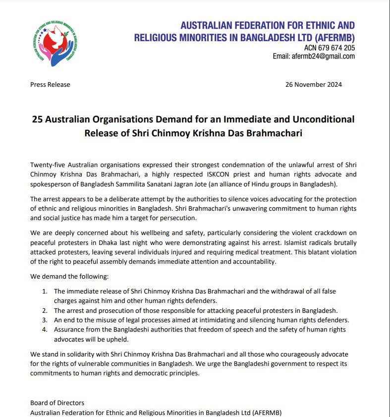 austhindu's tweet photo. 25 Australian Bangladeshi organisations have demanded the release of Hindu monk - Chinmoy Krishna Das Brahmachari. 'The arrest appears to be a deliberate attempt by the authorities to silence voices advocating for the protection of ethnic and religious minorities in Bangladesh ,' a press release by the Australian Federation for Ethnic and Religious Minorities in Bangladesh, stated.