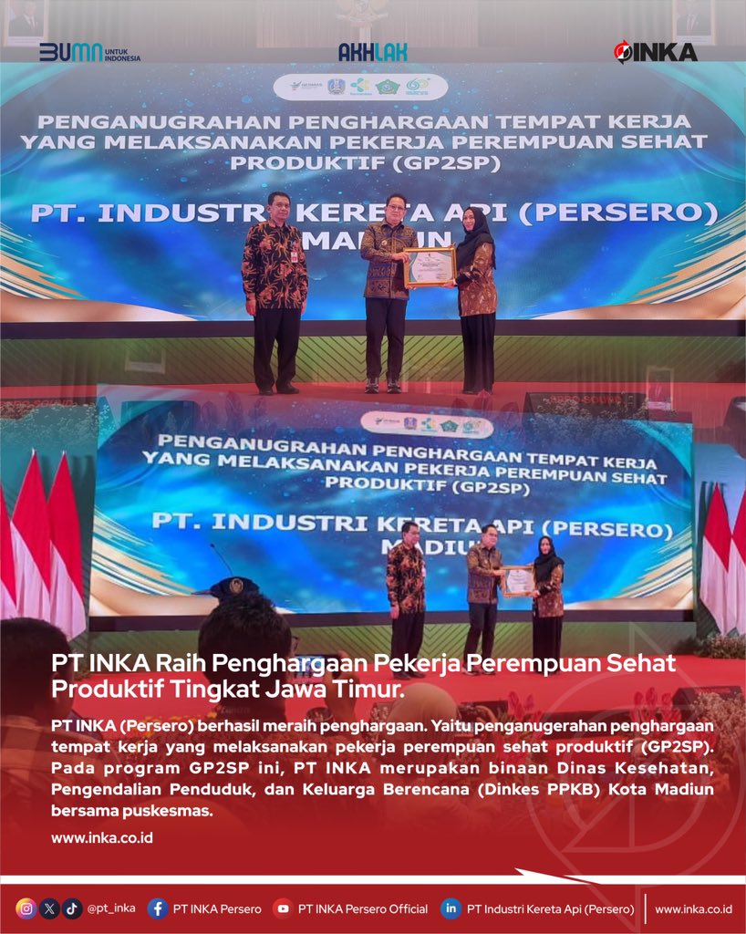 pt_inka's tweet photo. Hai #Inkatizen !
Dalam acara Puncak Hari Kesehatan Nasional (HKN) 2024 Provinsi Jawa Timur, PT INKA (Persero) mendapat penganugerahan penghargaan tempat kerja yang melaksanakan pekerja perempuan sehat produktif (GP2SP).
#INKA
#BUMNuntukIndonesia
#HKN2024 https://t.co/BTZyY7rew7