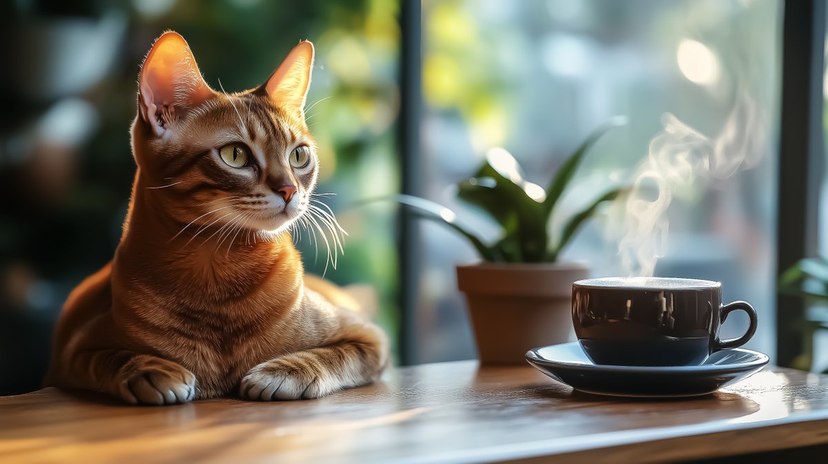 TYZU's tweet image. Paws &amp;amp; Brews
Just a cat contemplating life, one sip at a time! ☕️ "I think, therefore I am... caffeinated!" What's your favorite #coffee moment? Let's chat about our sips and purrs!