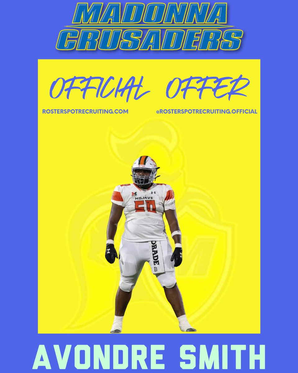 Roster Spot Recruiting (@officialrsr_) on Twitter photo Huge thank you to <a href="/MUCrusadersFB/">Madonna Football</a> for extending an OFFICIAL OFFER to <a href="/avondreee/">Avondre Smith</a>
Since joining the RSR family, this dominant 6’2”, 290-pound lineman has now earned his THIRD official offer! Coaches, don’t miss out on this game-changer.
Ready for YOUR offers? Join the #FAM Huge thank you to <a href="/MUCrusadersFB/">Madonna Football</a> for extending an OFFICIAL OFFER to <a href="/avondreee/">Avondre Smith</a>
Since joining the RSR family, this dominant 6’2”, 290-pound lineman has now earned his THIRD official offer! Coaches, don’t miss out on this game-changer.
Ready for YOUR offers? Join the #FAM