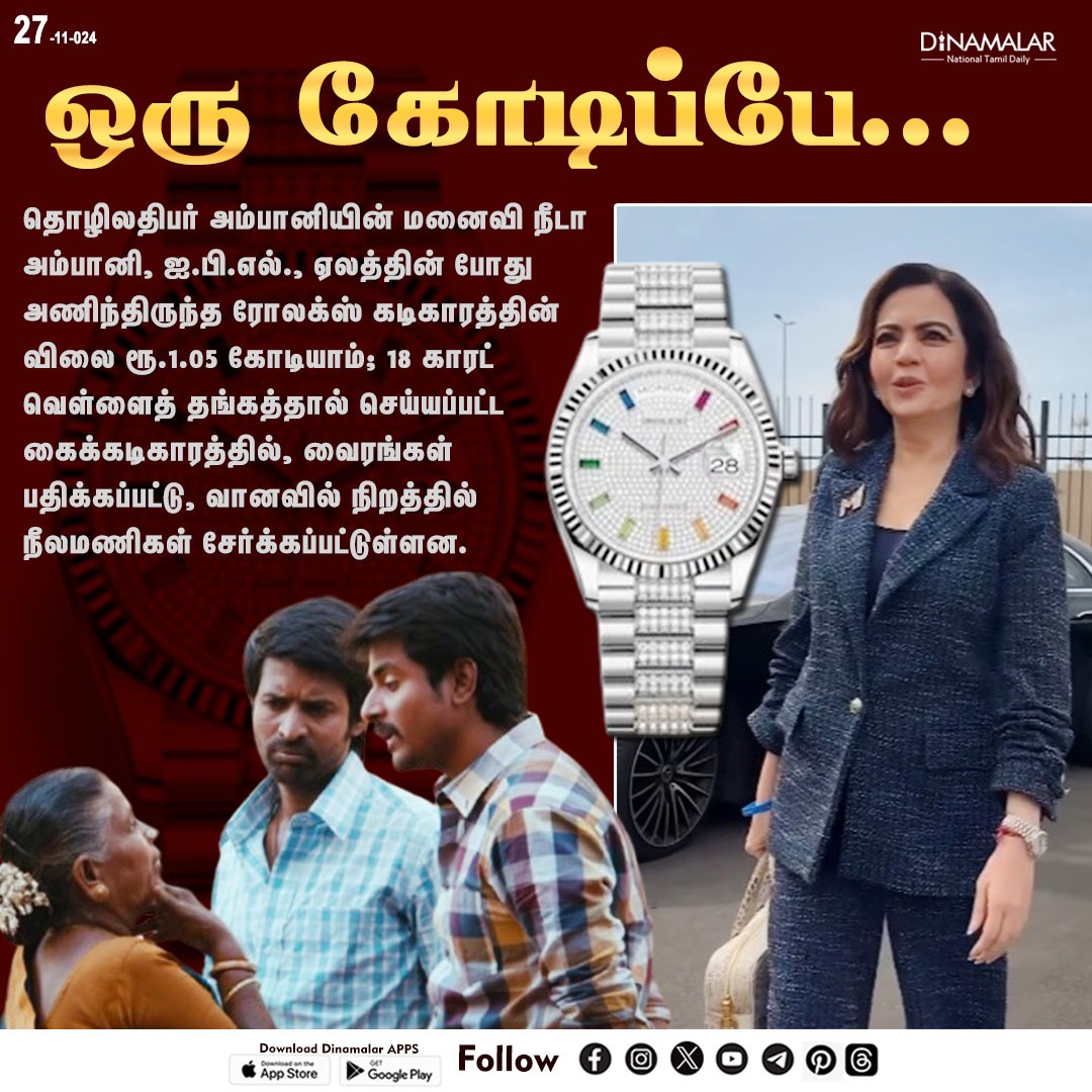 dinamalarweb's tweet photo. ஒரு கோடிப்பே...
#nitambani| #Watch| #Ambani| #ipl
https://t.co/y4W3uzOWeZ https://t.co/GWmHNEfYNx