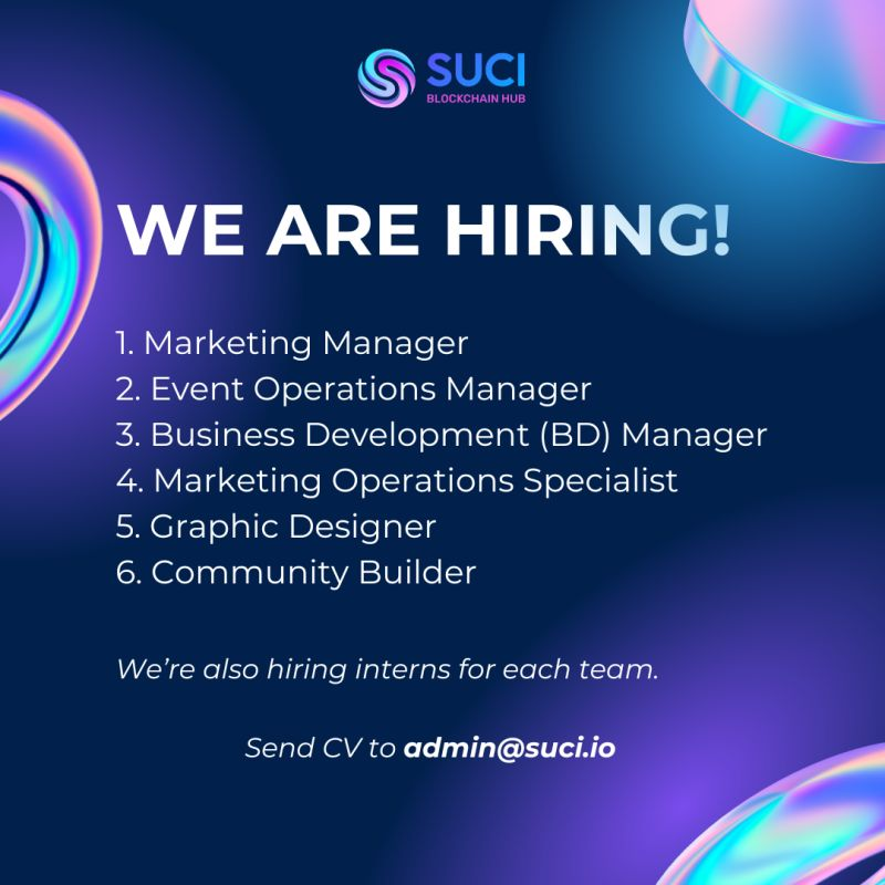 Suci_Community's tweet photo. 🚀 We're Hiring at SUCI Blockchain Hub! 🚀

Ready to shape the future of Web3 and blockchain in Asia? 🌏 Join SUCI, the academy platform empowering builders on their journey from Zero to Hero! Over 3 years, we've hosted ETHVietnam, Web3 Village, and 200+ workshops, building one of the most dynamic developer communities in the region.

💼 Open Positions:
1️⃣ Marketing Manager
2️⃣ Event Operations Manager
3️⃣ Business Development (BD) Manager
4️⃣ Graphic Designer
5️⃣ Marketing Operations Specialist
6️⃣ Community Builder

💥 For each team, we are also hiring interns eager to kickstart their careers in Web3!

✨ Why Join Us?
✔️ Hybrid Working Option
✔️ Professional Development & Learning Opportunities
✔️ Global Networking & Event Travel 🌍
✔️ Create a big impact in Vietnam Web3 Ecosystem

📩 Send your CV to admin@suci.io with the subject line:
“[Position Name] Application - [Your Name].”

#Hiring #Web3Careers #BlockchainJobs