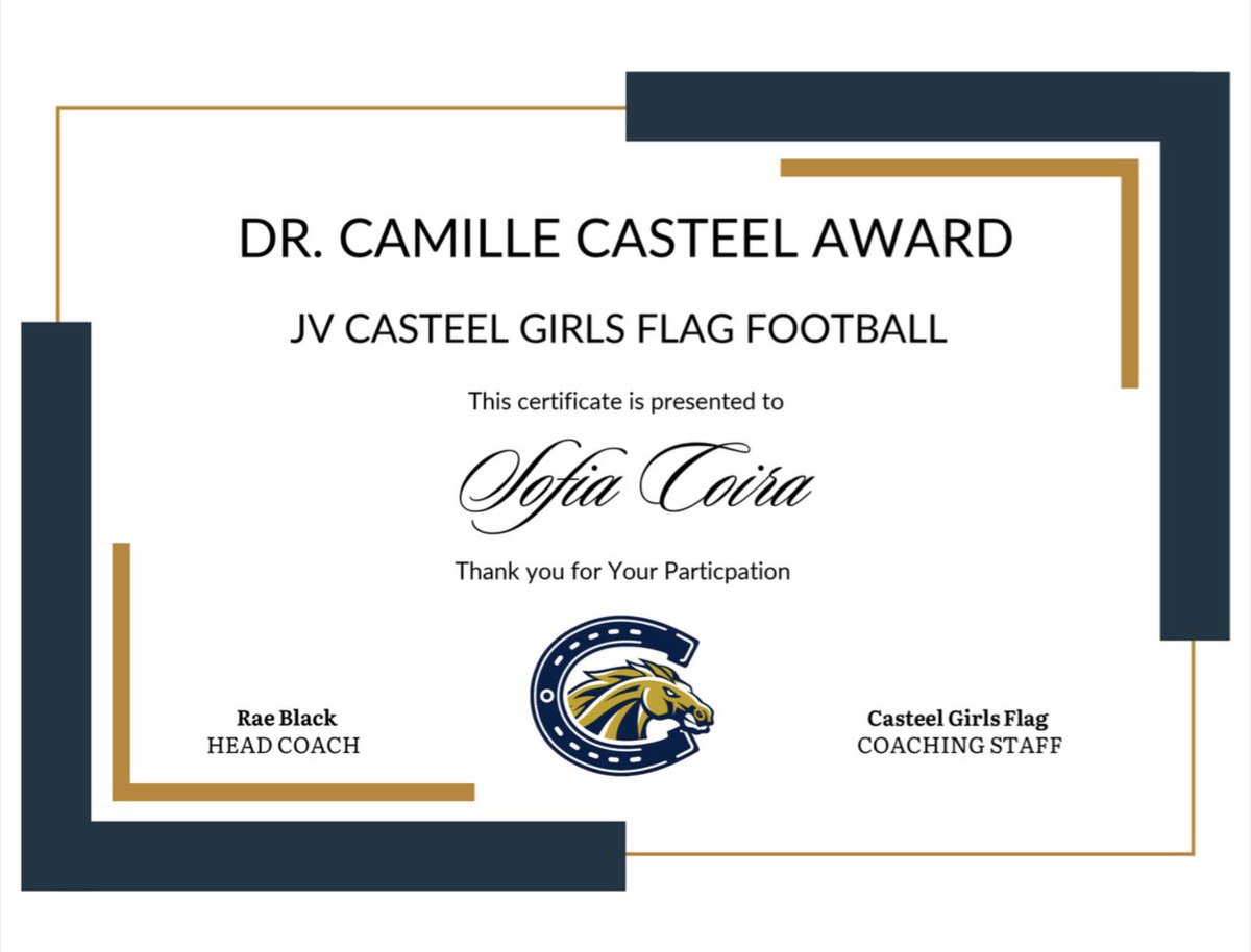 Casteel Girl's Flag Football (@casteelladyflag) on Twitter photo This year we added a new aspect of the culture of our team and created a Dr. Camille Casteel Award in honor of Dr. Camille Casteel. The winner of this award embodies the three C’s, Character, Courage and Commitment. Congratulations ladies <a href="/CUSDAthletics/">CUSDAthletics</a> <a href="/CasteelAthletic/">Casteel Athletics</a> This year we added a new aspect of the culture of our team and created a Dr. Camille Casteel Award in honor of Dr. Camille Casteel. The winner of this award embodies the three C’s, Character, Courage and Commitment. Congratulations ladies <a href="/CUSDAthletics/">CUSDAthletics</a> <a href="/CasteelAthletic/">Casteel Athletics</a>