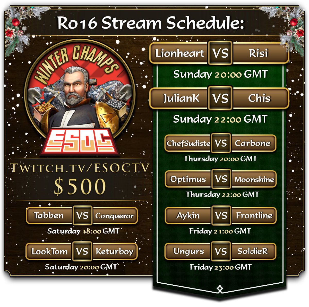ESOCommunity's tweet photo. 🏹Ro16 is Here! Tune in for an action packed opening to the AoE3 Winter Championships!🏹 https://t.co/jv0QmQKhb9