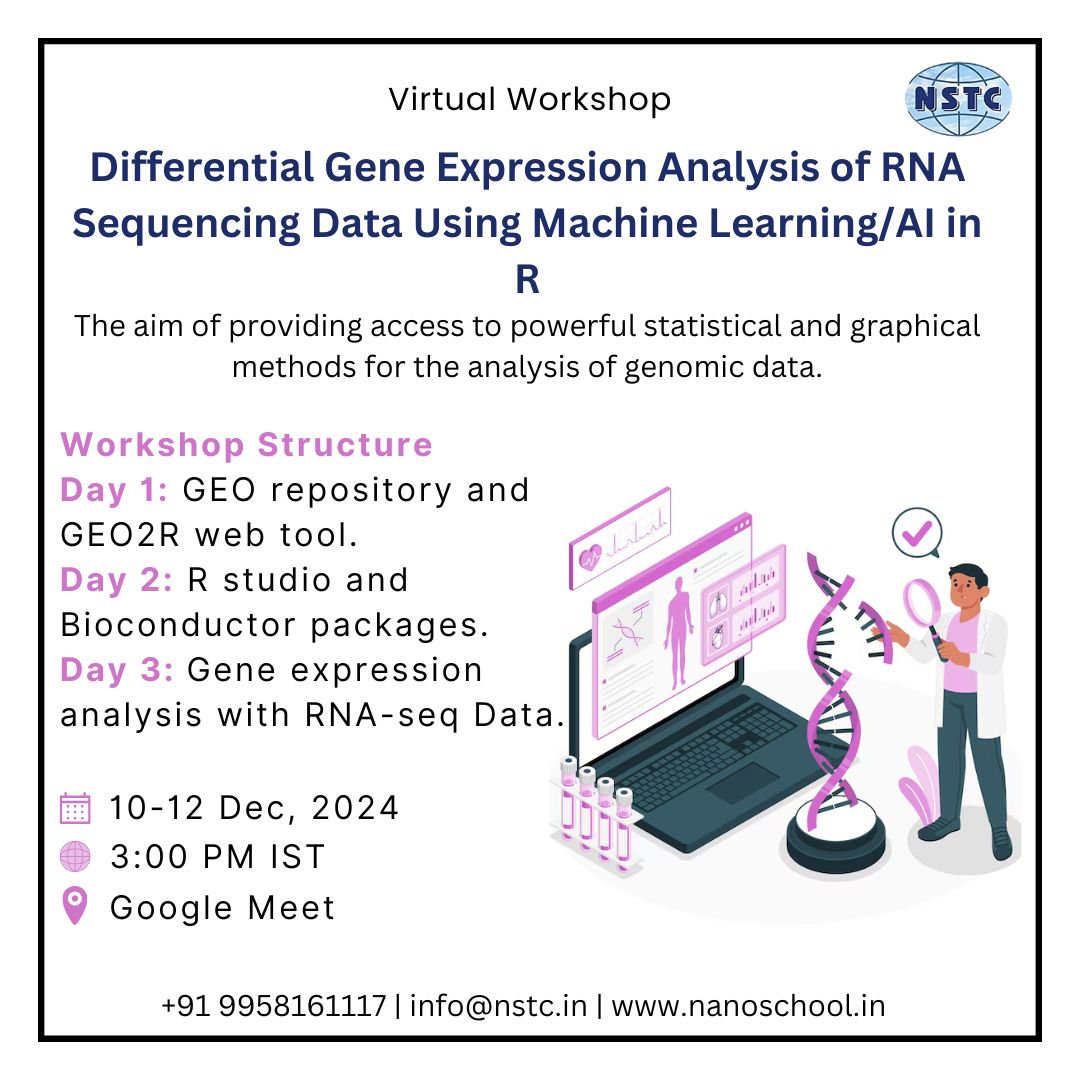 ITBreakCom's tweet image. Decode Gene Expression Data with R: RNA-Seq & Microarray Made Simple!
📅Date: Dec 10-12, 2024
⏰Time: 8:00 PM IST
🌐Mode: Online
🔗Enrol Now: nanoschool.in/enroll-me/?pid…
🔗Know Now: nanoschool.in/biotechnology/…
#GeneExpression #RNASeq #MicroarrayAnalysis #Bioinformatics #DataScience