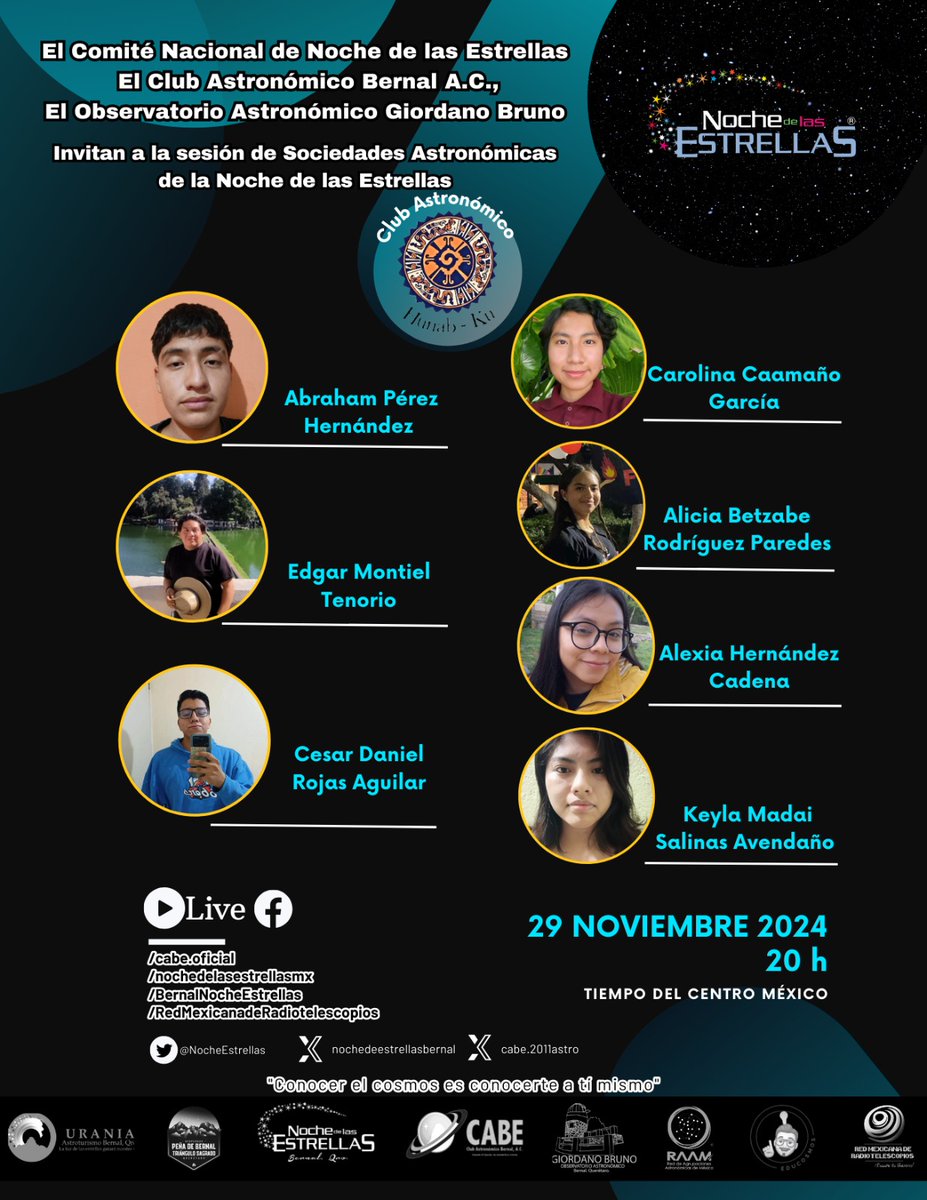 En la última sesión, de este año, de las agrupaciones astronómicas de la #NdE2024 en el canal del Club Astronómico Bernal A.C., tendremos al Club Astronómico Hunab Ku, base de la Noche de las estrellas Tehuacán! No se lo pierdan, por FB Live! Viernes 29 de noviembre, 20h!
