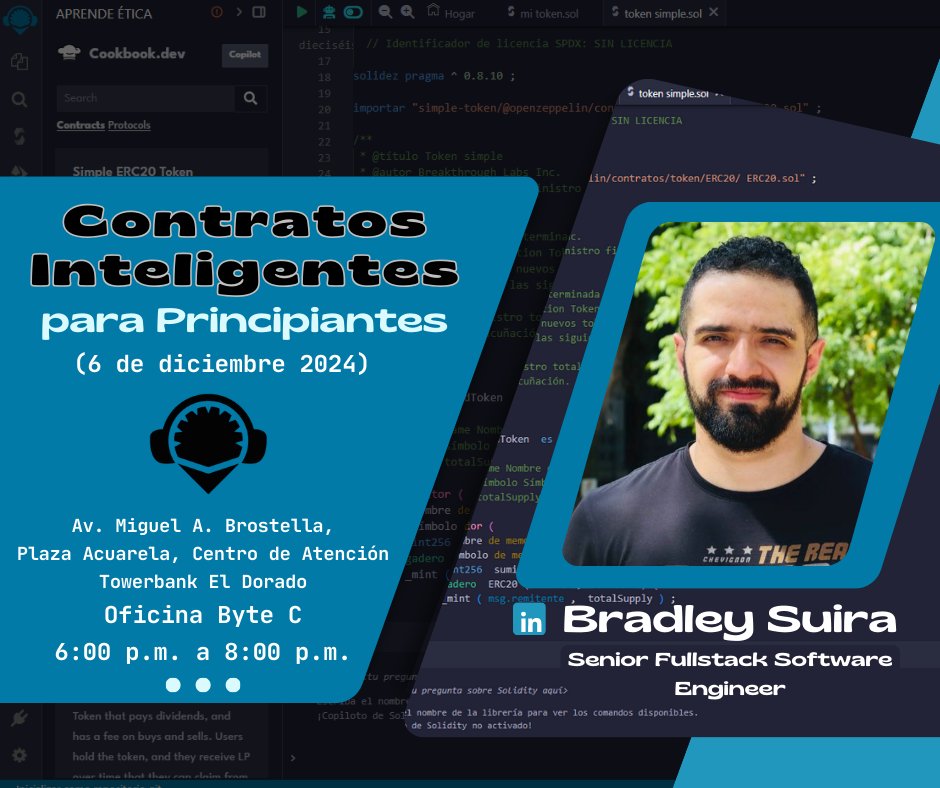 patypo24's tweet photo. ¿Listo para crear tu primer contrato inteligente? 🚀💻 Aprende paso a paso en nuestro taller presencial. 🌟 ¡El futuro de la blockchain empieza contigo! 🔗 📍 #Blockchain #SmartContracts #Panama https://t.co/H7ZlOGhGEl