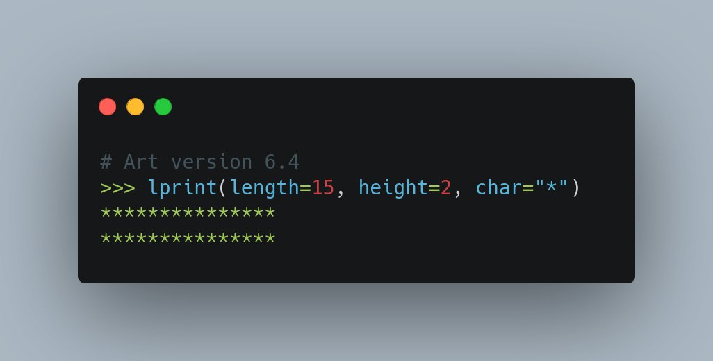 openscilabx's tweet photo. 🎨✨ Art 6.4 is here!
Now you can easily print lines of characters using the new `lprint` feature! 🖋️
Upgrade now and unleash your creativity! 🌟
#Python #ASCIIArt #ArtLibrary #DevTools

https://t.co/SRXwKUSxZi https://t.co/8zNWlUNnLk