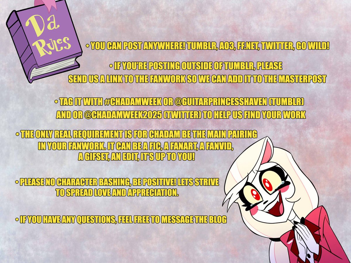 ChadamWeek2025's tweet photo. DA RULES!
1.- Any platform is allowed.
2.- Send a link if you post outside Tumblr please!
3.- Always tag with #ChadamWeek or @ChadamWeek2025 so we can find your work!
4.- Only requirement is te pairing to be Chadam!
5.- Please avoid character bashing!

Questions? DM us! https://t.co/wqWrdsessh