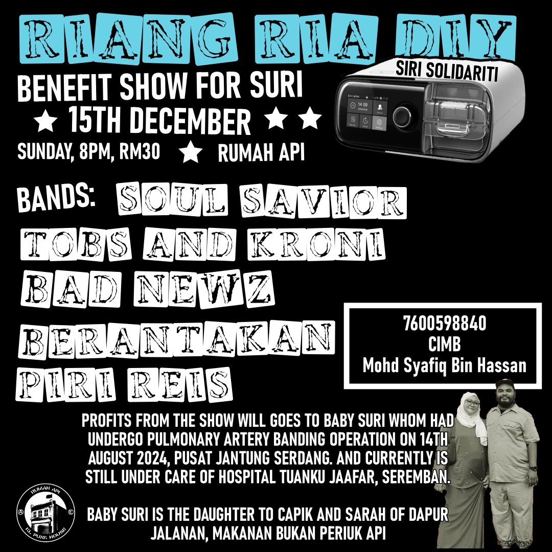 Benefit Show For Suri

Profits from the show will goes to baby Suri whom had undergo Pulmonary Artery banding operation on 14 Aug 2024, Pusat Jantung Serdang. 
And currently is still  under care of Hospital Tuanku Jaafar Seremban.